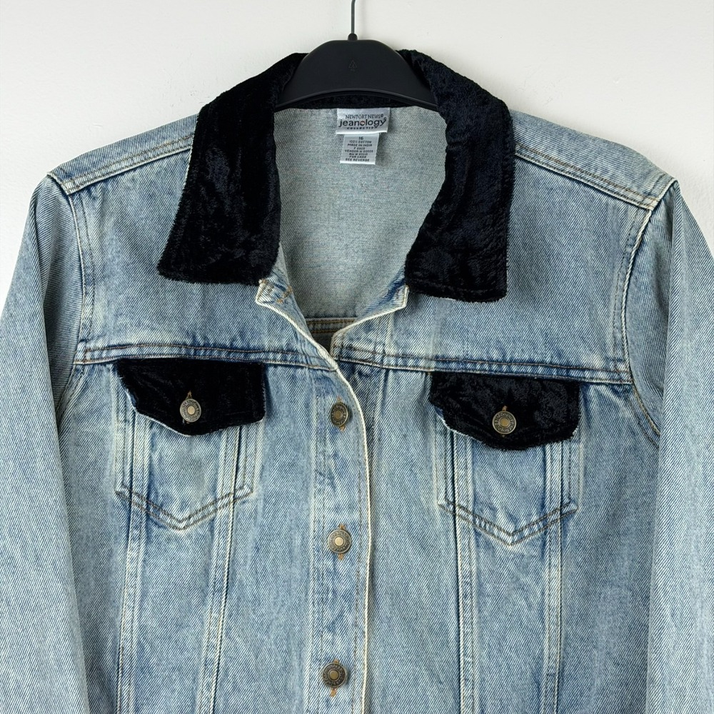 Newport News Jeanology Jacket Womens 16 Denim Velvet Trim Button Up Y2K Style